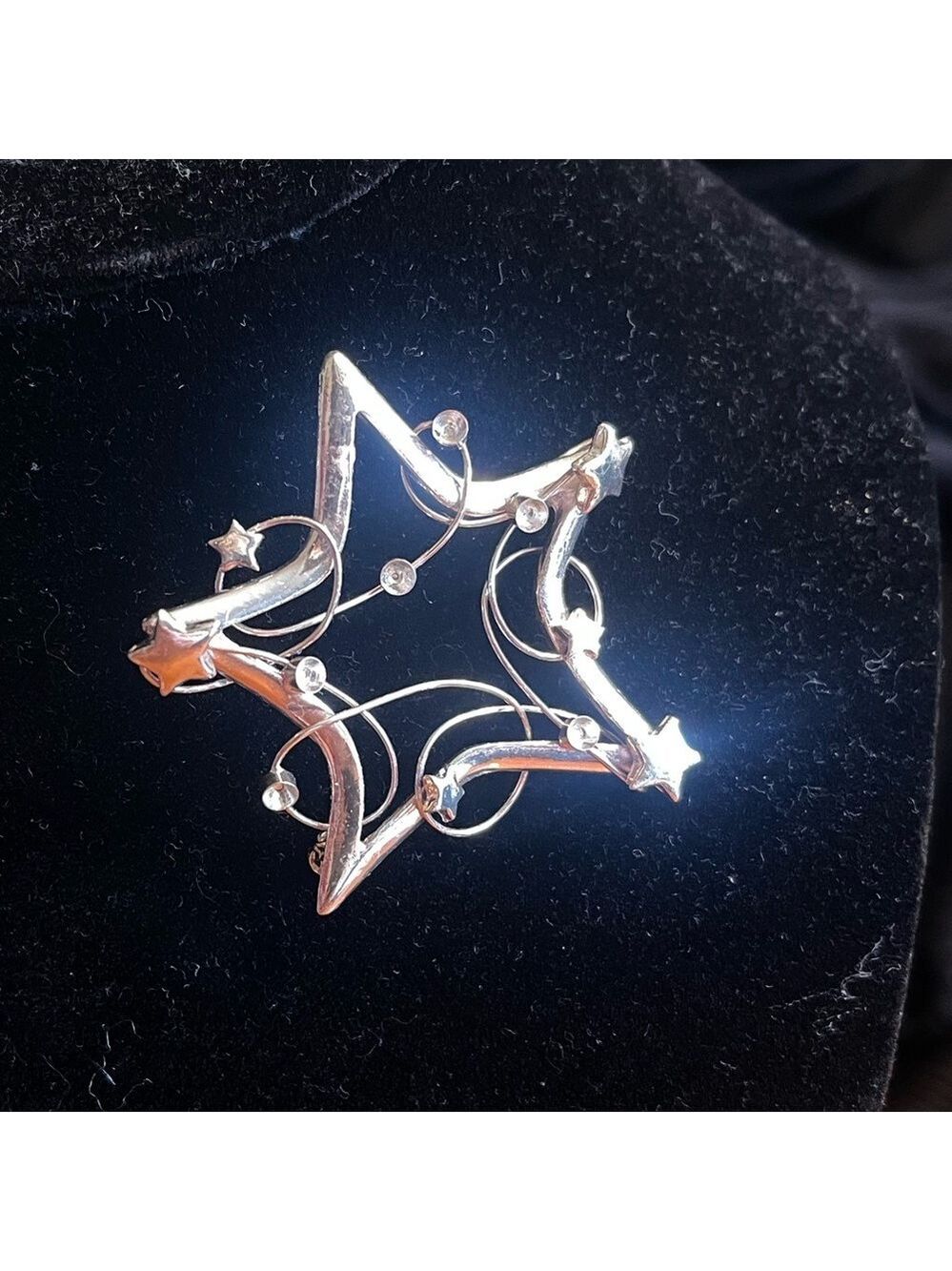 Silver Tone Celestial Star Brooch Crystal Wire Art Statement Pin 2” (3/$25)